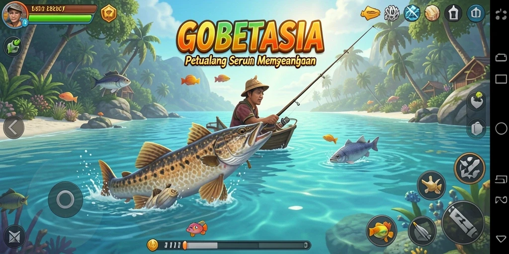 Tampilan gameplay GOBETASIA dengan berbagai jenis ikan dan lingkungan yang indah.