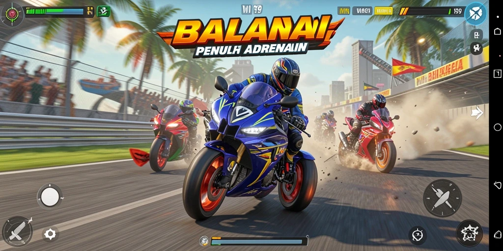Tampilan gameplay WIN199 menampilkan balapan motor yang seru di lintasan cepat.