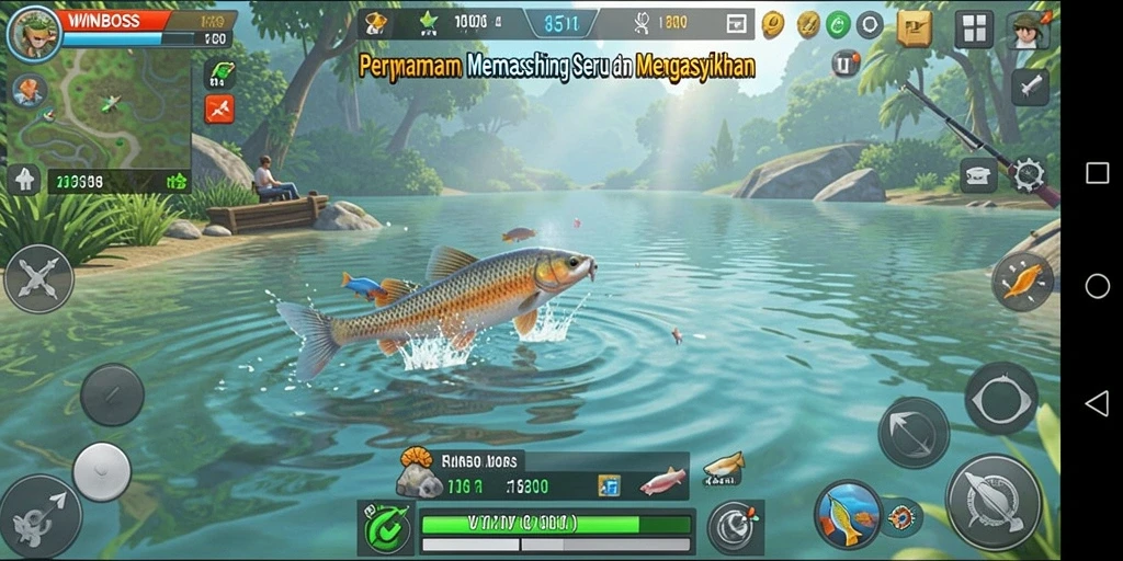 Gameplay WINBOSS menampilkan aksi memancing yang seru dan menantang.